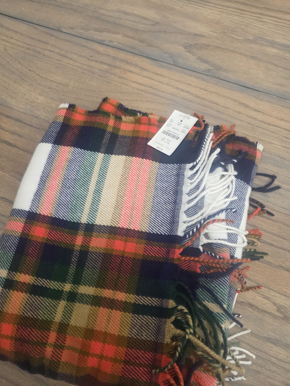 J. Crew Multicolor Plaid Fringe Scarf in Orange, Navy, Green, Cream Nwt - Picture 1 of 2